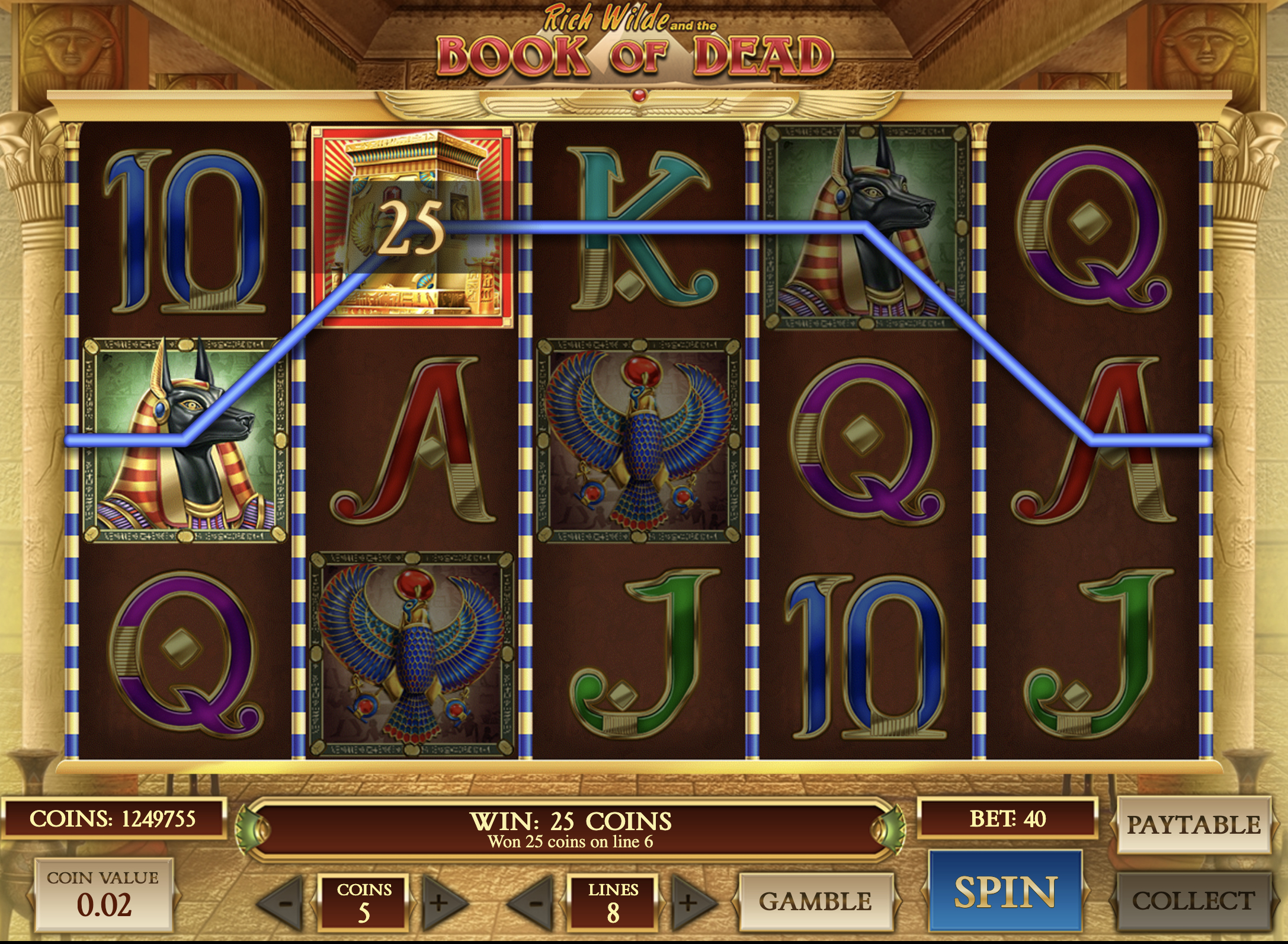 Snimak dobitka Book of the Dead sa Wild/Scatter simbolima na BlitzBet Srbija
